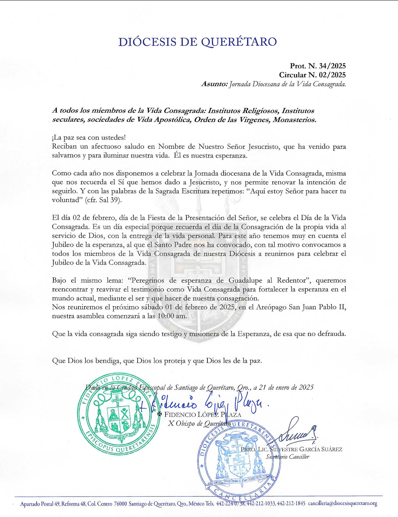 Prot. N. 34/2025. Circular N. 02/2025 Asunto: Jornada Diocesana de la Vida Consagrada.